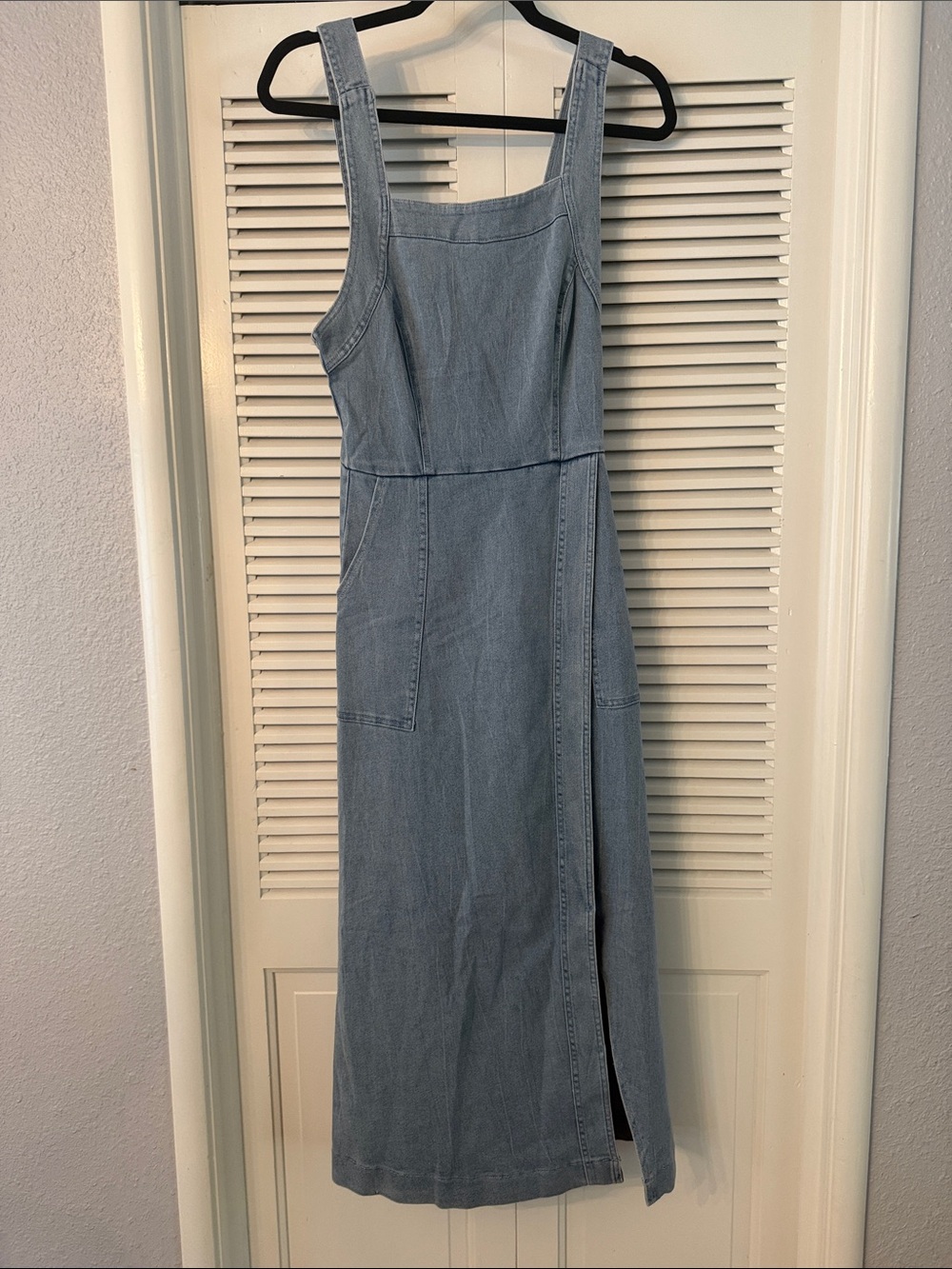 Light Blue Denim Women's Jean Overalls Dress with Side Slit